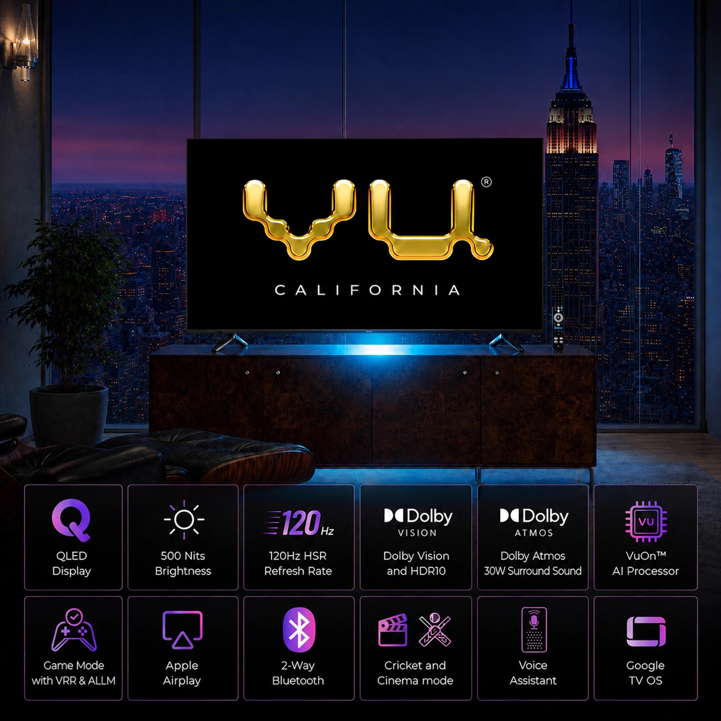 Vu Glo DV TV with 4K QLED Dolby Vision 120Hz refresh rate 30W VuFX sound and Google TV